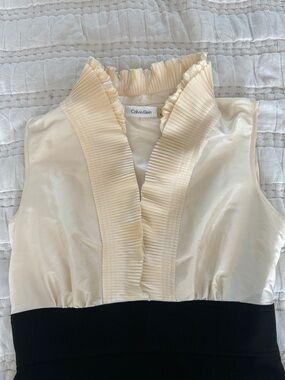 Calvin Klein Cream Satin Ruffle V-Neck Dress with Black Waistband